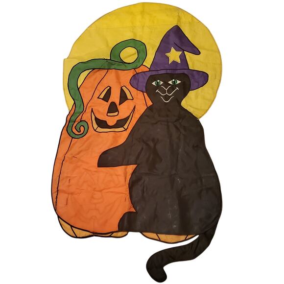 Pumpkin Cute Black Cat Halloween House Garden Flag 46" x 27" Layered Vtg - Picture 3 of 12